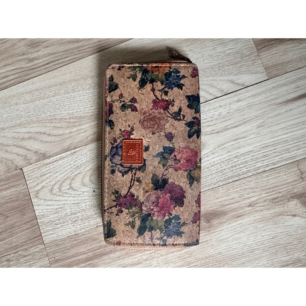 Portugal Cork Floral Print Zip Around Wallet Clutch Roses